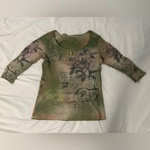 One World beautiful green vintage floral 3/4 sleeve top